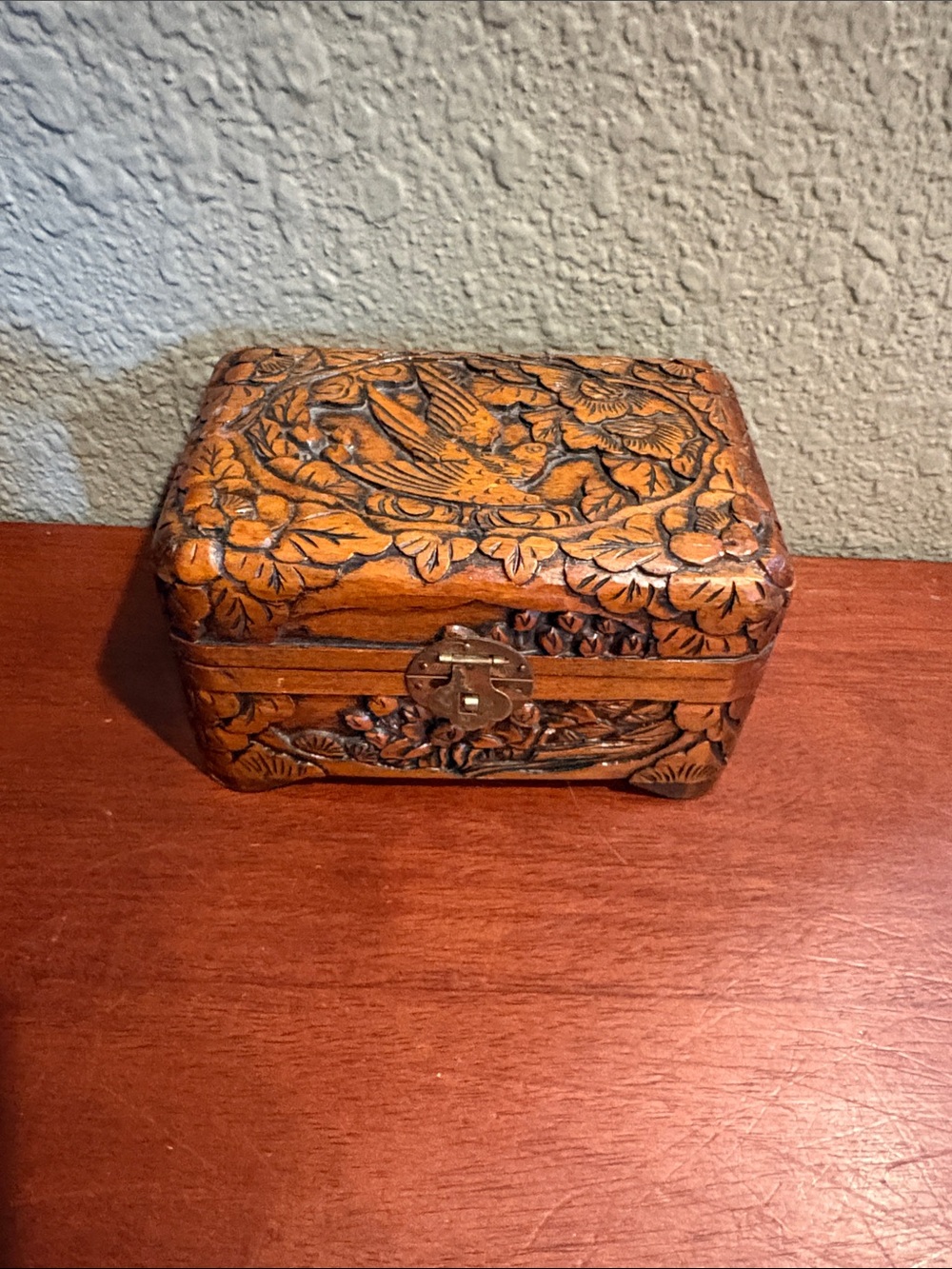 Vtg. Carved Camphor Wood Jewelry Box with Bird Motif - Warm Honey Brown